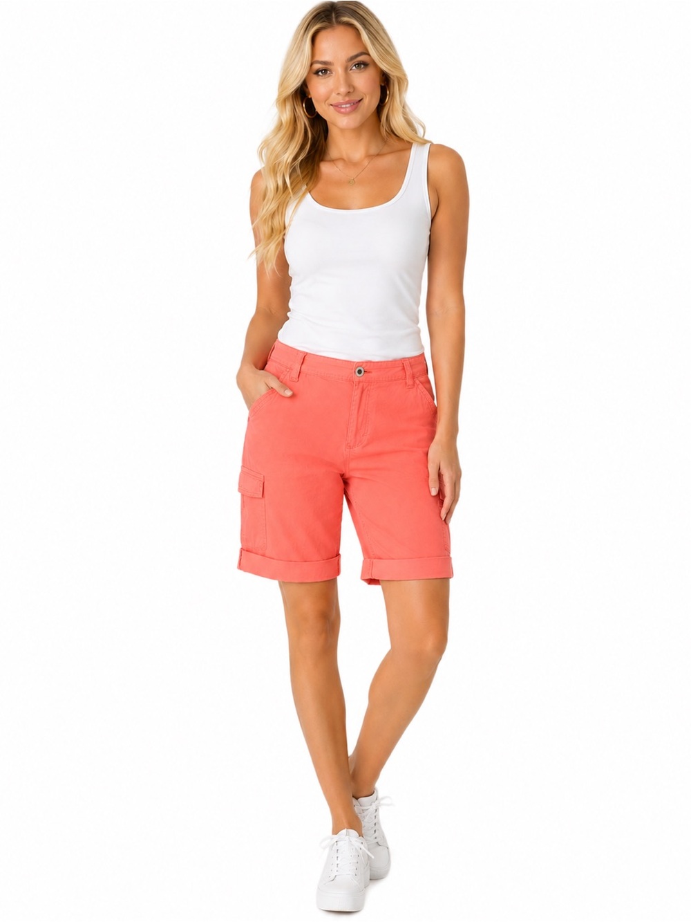 DKNY Jeans Women’s Size 14 Coral Cargo Bermuda Shorts Cuffed Casual Summer